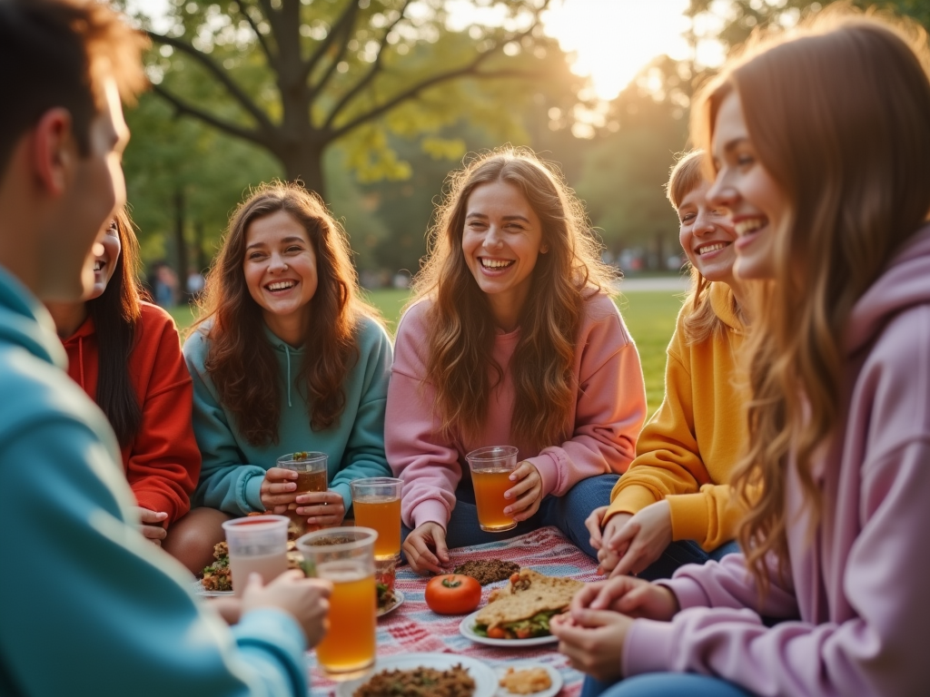 Grupa młodych ludzi śmieje się i cieszy podczas pikniku w parku o zachodzie słońca.