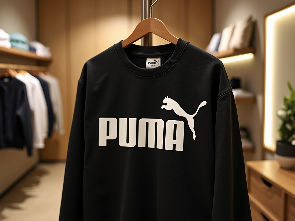 Czarna bluza Puma zawieszona na wieszaku w sklepowym wnętrzu.