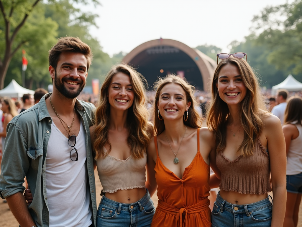 Cztery uśmiechnięte osoby, trzy kobiety i mężczyzna, stoją przed sceną na festiwalu.